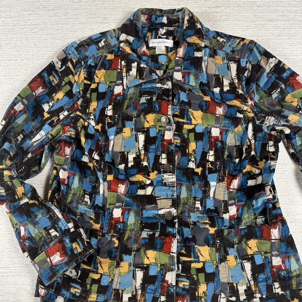 Wearable Art Abstract Jacket Artsy Colorblock Button Front Layering L Corduroy
